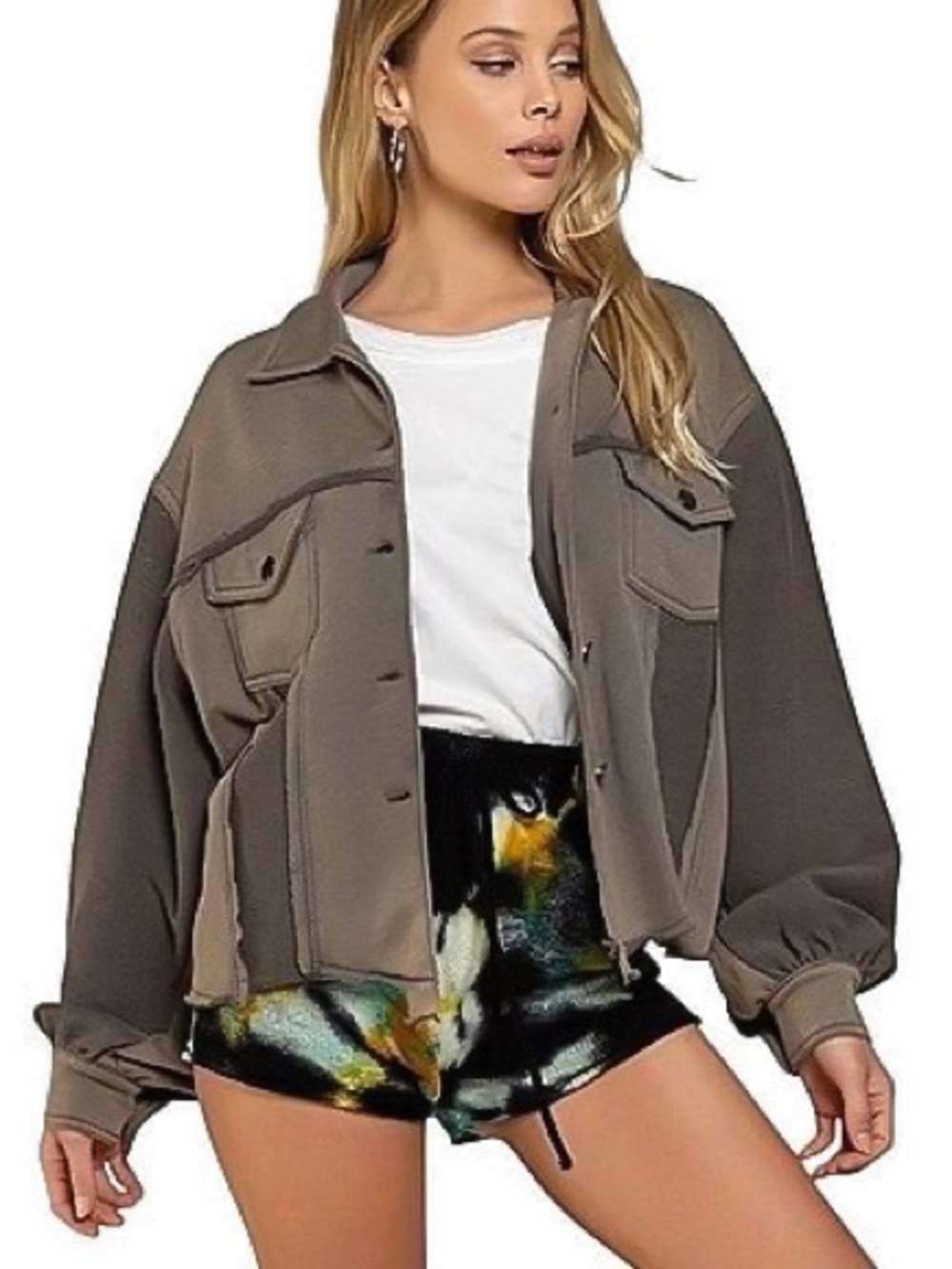 Pol Washed Mixed Media French Terry Distressed Shacket/Jacket